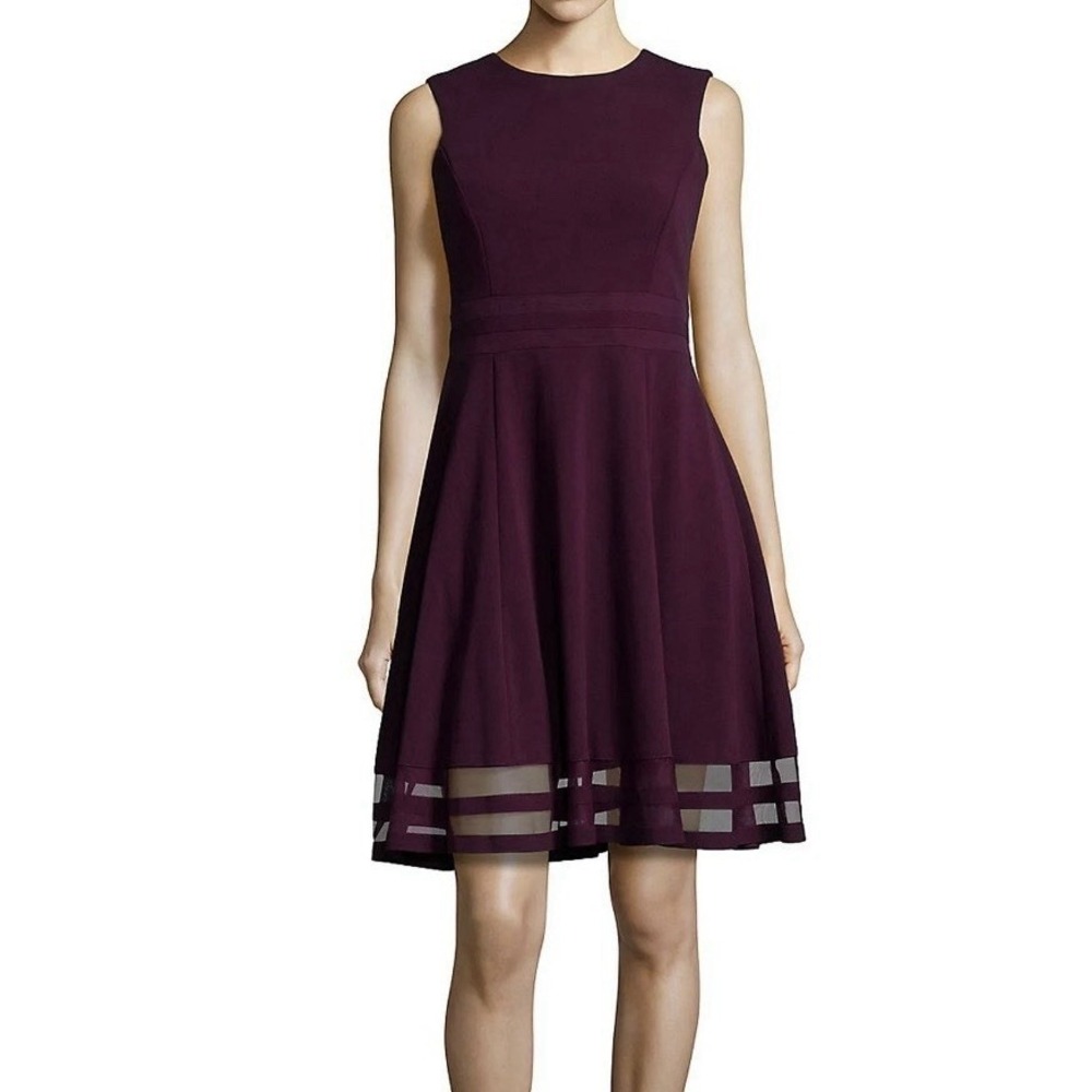 Calvin Klein Purple Mesh Illusion Hem Fit Flare Stretch Sleeveless Dress 14